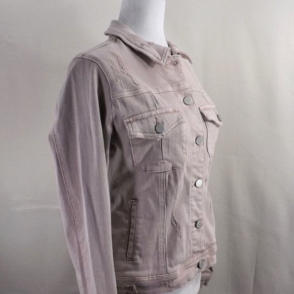 NWOT Dear John Beige Denim w Factory Distress & 4 Pockets Trucker Jean Jacket S - Picture 6 of 14